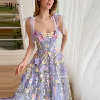 Xijun Лавандовые кружевные миди платья для выпускного вечера Вечернее платье с вышивкой Цветочное праздничное платье Трапециевидное свадебное платье с карманами