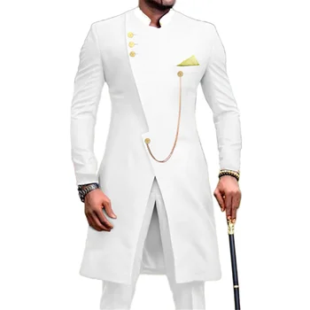Африканский костюм для Мужчин, Однотонные Белые Длинные Куртки и Брюки, Приталенные Вечерние Наряды из 2 частей, Свадебный Костюм Homme, Классический Блейзер, Комплект