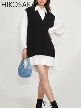 Весенний Элегантный Милый вязаный жилет, платье-рубашка в стиле пэчворк, женское Свободное повседневное платье из двух предметов, японский модный женский халат