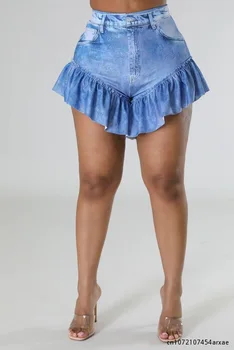 Женская мода, искусственные джинсовые юбки-клеш с оборками по низу, шорты в стиле летних уличных шорт 2023 года, короткие брюки INS.