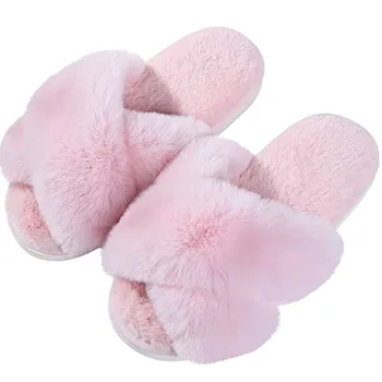 Женские пушистые тапочки, домашние тапочки с эффектом памяти с перекрестной резинкой, с открытым носком