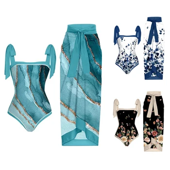 Женский комплект бикини из 2 предметов, пляжный купальный костюм с принтом и платье, боди для серфинга, дышащий купальник на шнуровке для плавания на открытом воздухе