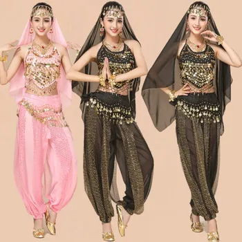 Женский костюм для танца живота, костюм из 4 предметов, восточный костюм для танца живота, 4 шт., комплект из 4 предметов, черная одежда для танца живота