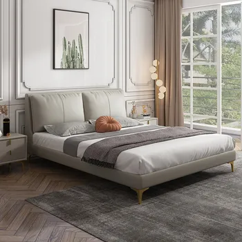 Итальянский минималистичный подголовник из кожи napa, двуспальная кровать из массива дерева, мягкая кровать, защищающая современный и сдержанный свет, роскошь