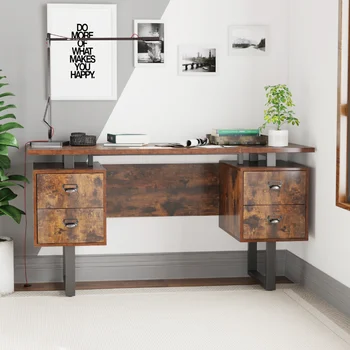 Компьютерный стол для домашнего офиса с 4 ящиками из массива дерева в деревенском стиле коричневого цвета [на складе в США]