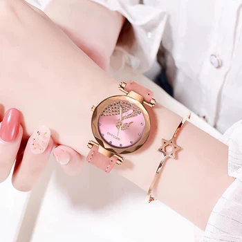 Красивые поп-часы женские Звездное небо Роскошные часы из розового золота с бриллиантами Женские повседневные кварцевые женские часы с кожаным ремешком Женские часы