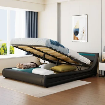 Кровать-платформа из искусственной кожи с гидравлической системой хранения со светодиодной подсветкой Изголовье Кровати Каркас кровати с