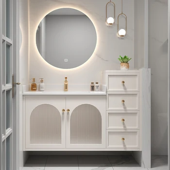Легкий роскошный шкаф для ванной комнаты из массива дерева в американском стиле, простая стеклянная дверь для ванной комнаты, умывальник