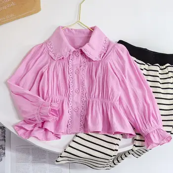 Мода 2023 года Для маленьких девочек Кружевные Фиолетовые хлопчатобумажные Рубашки с длинными рукавами Топы Для детей Весна Осень Летняя Одежда Принцессы