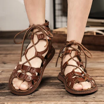 Модные Мужские сандалии в Римском стиле 2023 Летняя однотонная повседневная обувь Удобная дышащая пляжная обувь Уличные сандалии на плоской подошве для мужской обуви