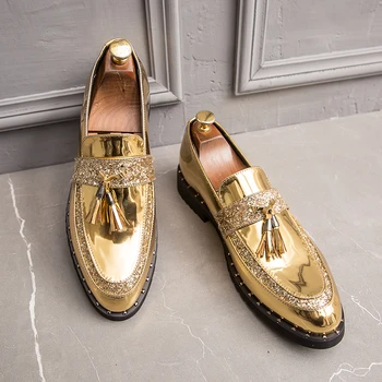 Мужские кожаные туфли из лакированной кожи, золотые 2023, новые кожаные туфли с кисточками высокого качества, роскошные, с блестящими пайетками.