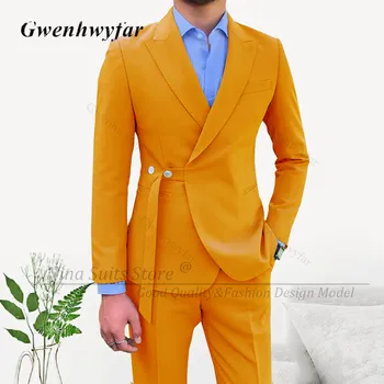 Мужские костюмы G & N Orange, Повседневная Одежда для вечеринок, Комплекты из куртки и брюк 2023, Популярные Смокинги с боковым ремнем и пуговицами, Костюм с отворотом