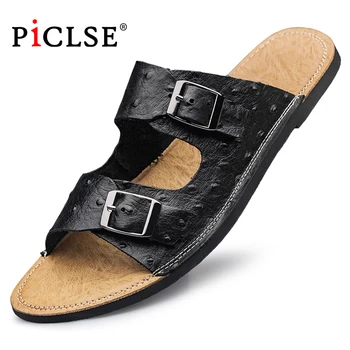 Мужские тапочки PICLSE из натуральной кожи роскошного бренда, Летние пляжные сандалии, домашние сандалии-шлепанцы больших размеров, Мужская обувь