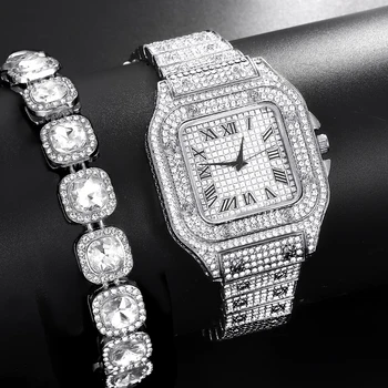 Мужские часы Iced Out с квадратными бриллиантами, розовыми и синими цифрами, кварцевые Роскошные наручные часы, Римские часы, браслет Relogio Masculino и часы