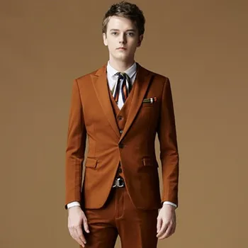 Мужской костюм Latest Morning Yong коричневый, 3 предмета (пиджак + брюки + жилет + галстук) Смокинги Masculino на одной пуговице, приталенный мужской костюм для шафера