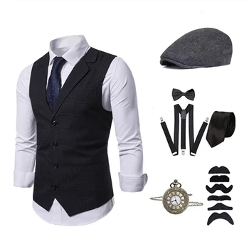 Набор аксессуаров для мужского костюма гангстера Гэтсби 1920-х годов, Фетровая шляпа на Манхэттене 30-х годов, Подтяжки, жилет, Галстук Для вечеринки, исключая рубашки