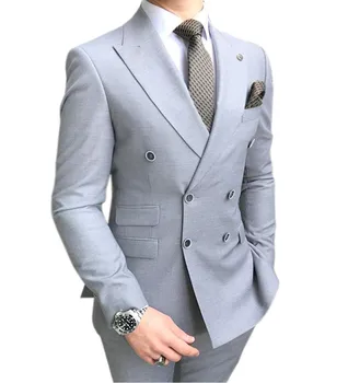 Новые модные серые мужские костюмы из 2 предметов, приталенные двубортные смокинги с вырезами на лацканах, свадебные смокинги для выпускного вечера (куртка + брюки)