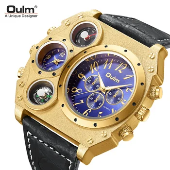 Роскошные спортивные часы Oulm с большим циферблатом для мужских наручных часов, Декоративный компас, военные часы с кожаным ремешком, мужские часы