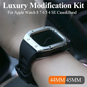 Роскошный Комплект модификации Чехол-ремешок для Apple Watch 8 7 6 5 4 SE 44 мм 45 мм Ремешок Металлическая рамка Безель Ремешок для часов серии iWatch