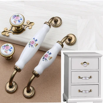 Ручки шкафа из античной бронзы и керамики, ручки ящиков шкафа из цинкового сплава, мебель с европейским цветочным узором, Дверная ручка шкафа