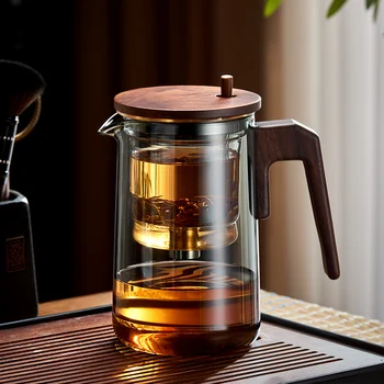 Стеклянный Чайник GIANXI С Деревянной Ручкой, Устойчивый К Нагреву, Фильтрующий Стеклянный Чайник С Одной кнопкой, Прозрачный Ароматизированный Чайник, Чайная Посуда
