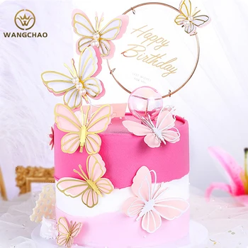Топпер для торта с жемчужной бабочкой С Днем рождения, романтический свадебный топпер для кексов, украшение для детского душа, украшения для торта, сувениры для вечеринок