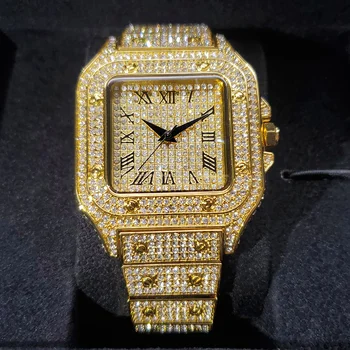 Хип-хоп Новые квадратные мужские деловые часы Лучший бренд Класса Люкс Римские кварцевые мужские часы со льдом Золотые Водонепроницаемые Мужские наручные часы