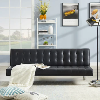 Черный диван-кровать из искусственной кожи, современный диван из искусственной кожи, раскладной диван-кровать с откидным верхом.